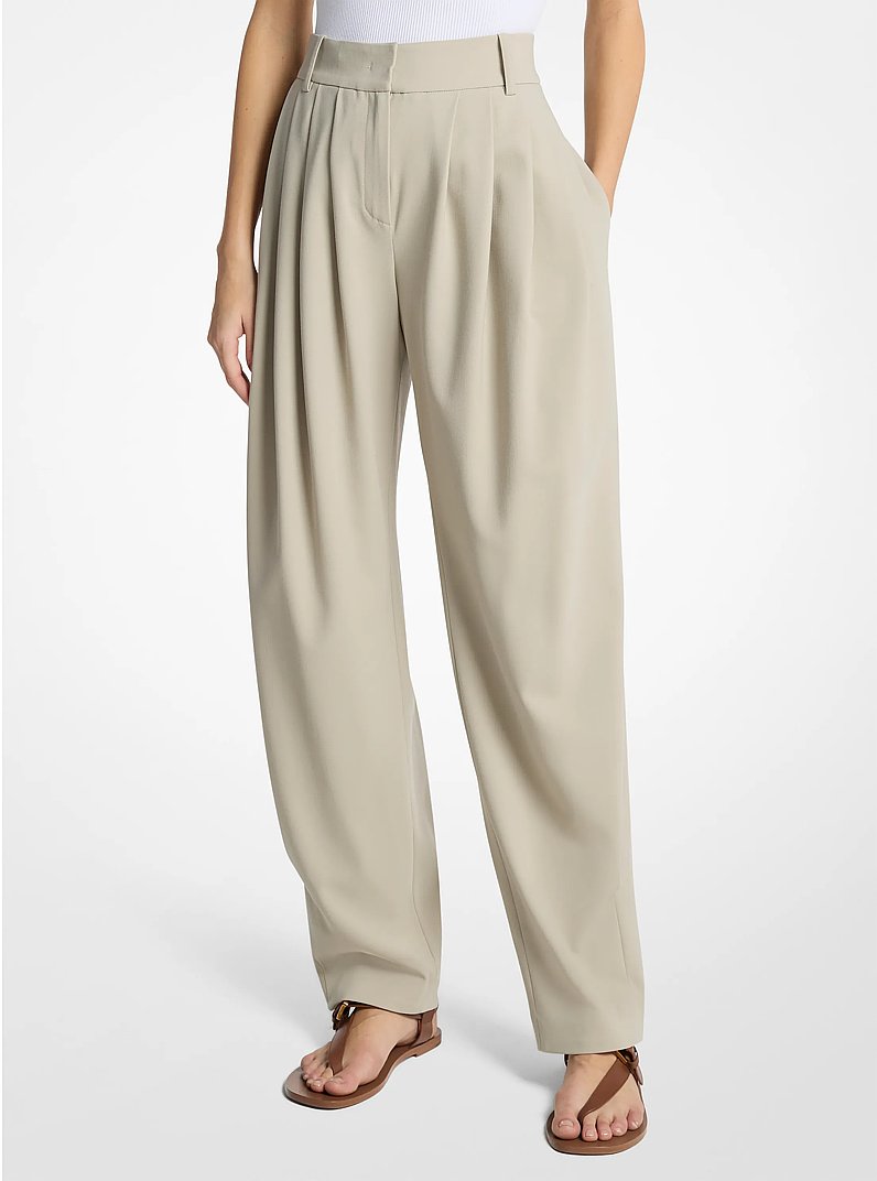 Pleated Tissue Wool Crepe Barrel Trousers in ALMOND | Michael Kors