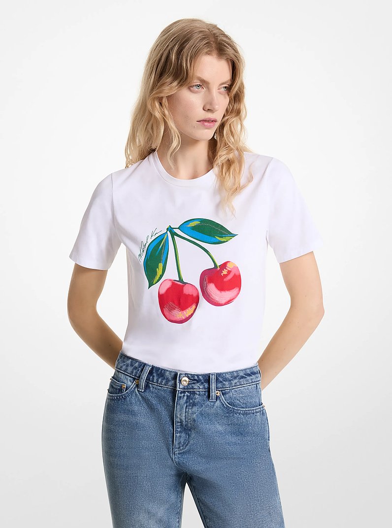 Sequined Cherry Organic Cotton Jersey T-Shirt in WHITE | Michael Kors