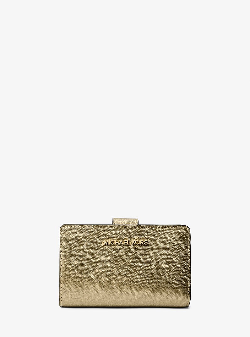 Jet Set Medium Metallic Saffiano Leather Bi-Fold Wallet in PALE GOLD | Michael Kors