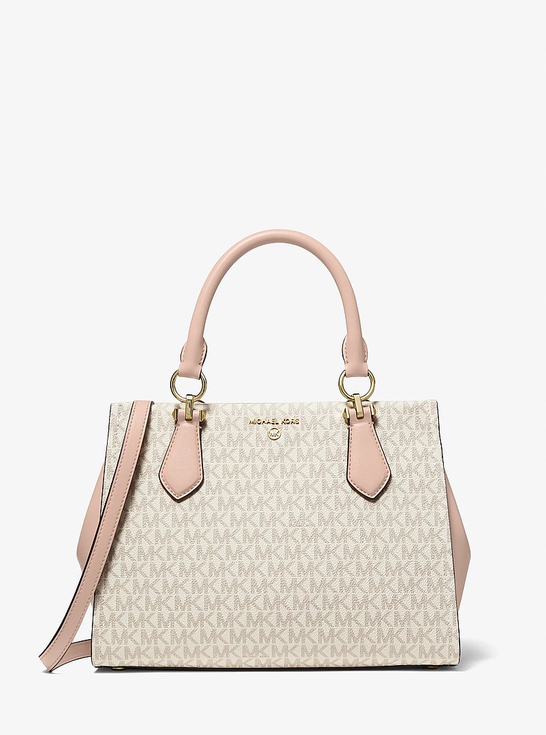 Marilyn Medium Logo Satchel in VANILLA/SOFT PINK | Michael Kors
