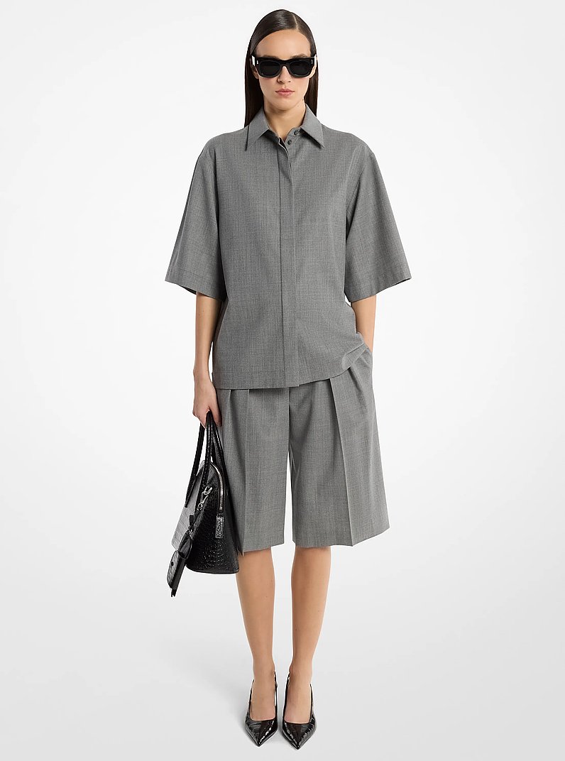 Stretch Wool Camp Shirt in BANKER GREY | Michael Kors