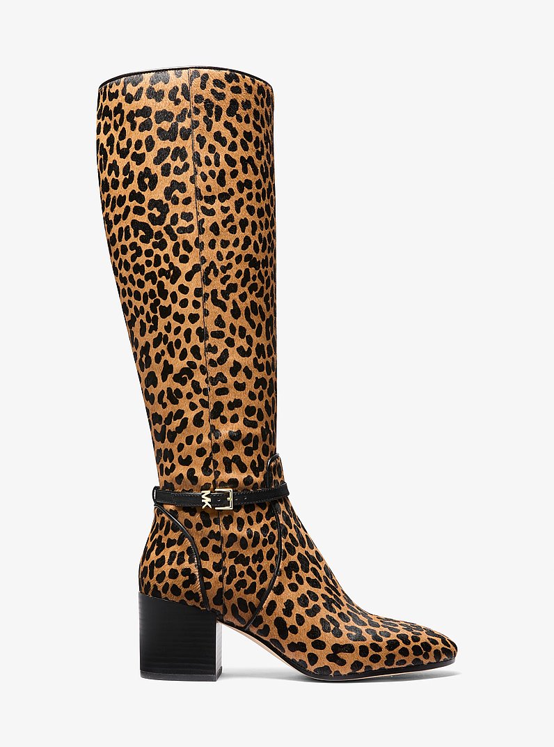Ella Leopard Print Calf Hair Wide Calf Block Heel Boot in DEER MULTI | Michael Kors