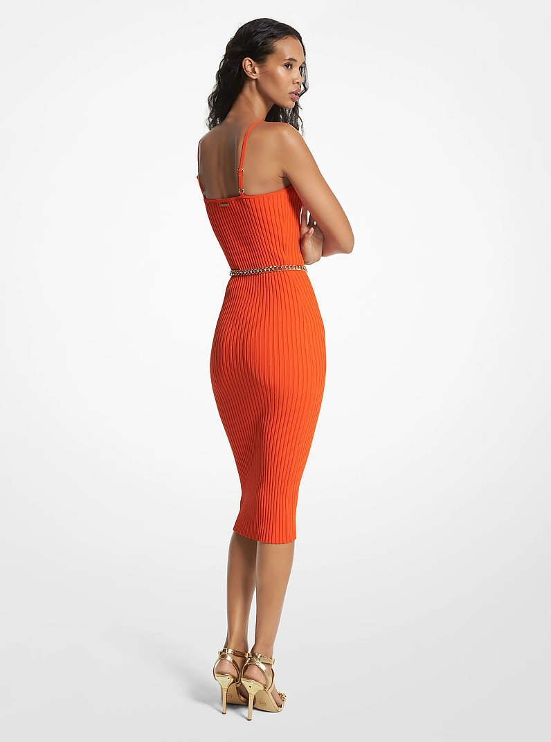 Ribbed Stretch Viscose Belted Bustier Dress in OPTIC ORANGE | Michael Kors
