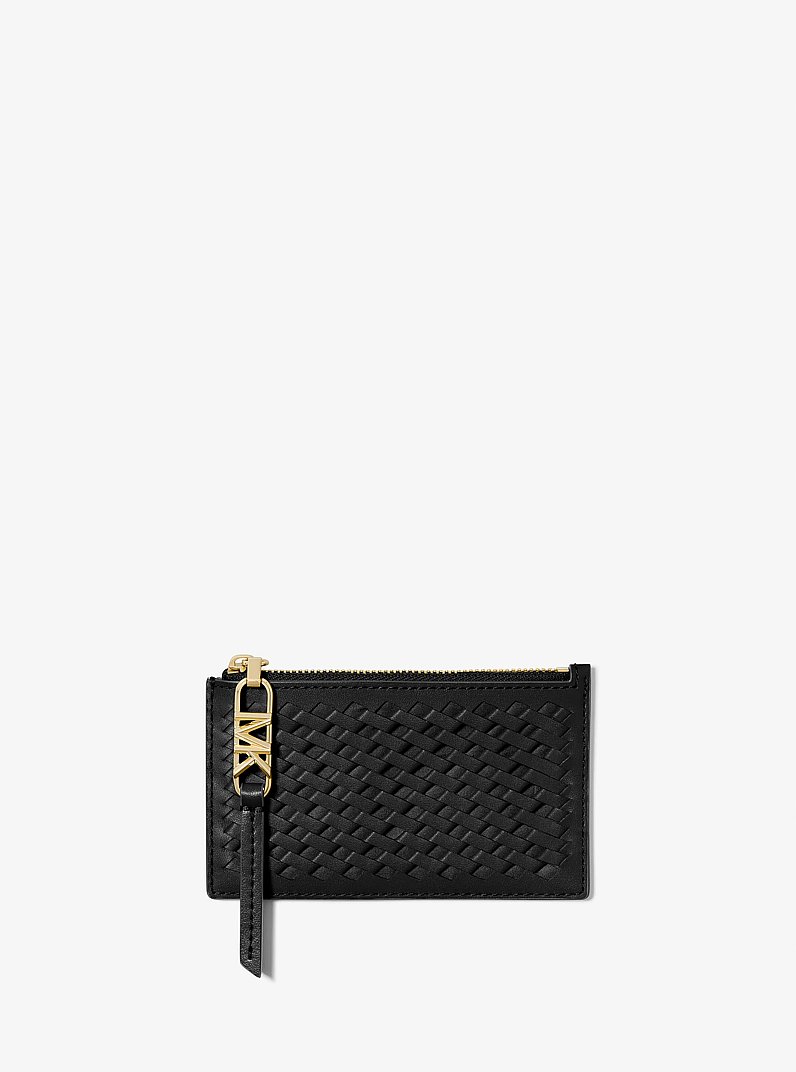 Empire Small Woven Leather Card Case in BLACK | Michael Kors