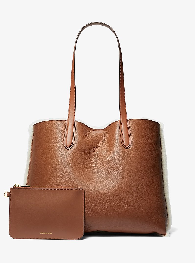 Eliza Extra-Large Leather and Shearling Reversible Tote Bag in NATURAL/LUGGAGE | Michael Kors
