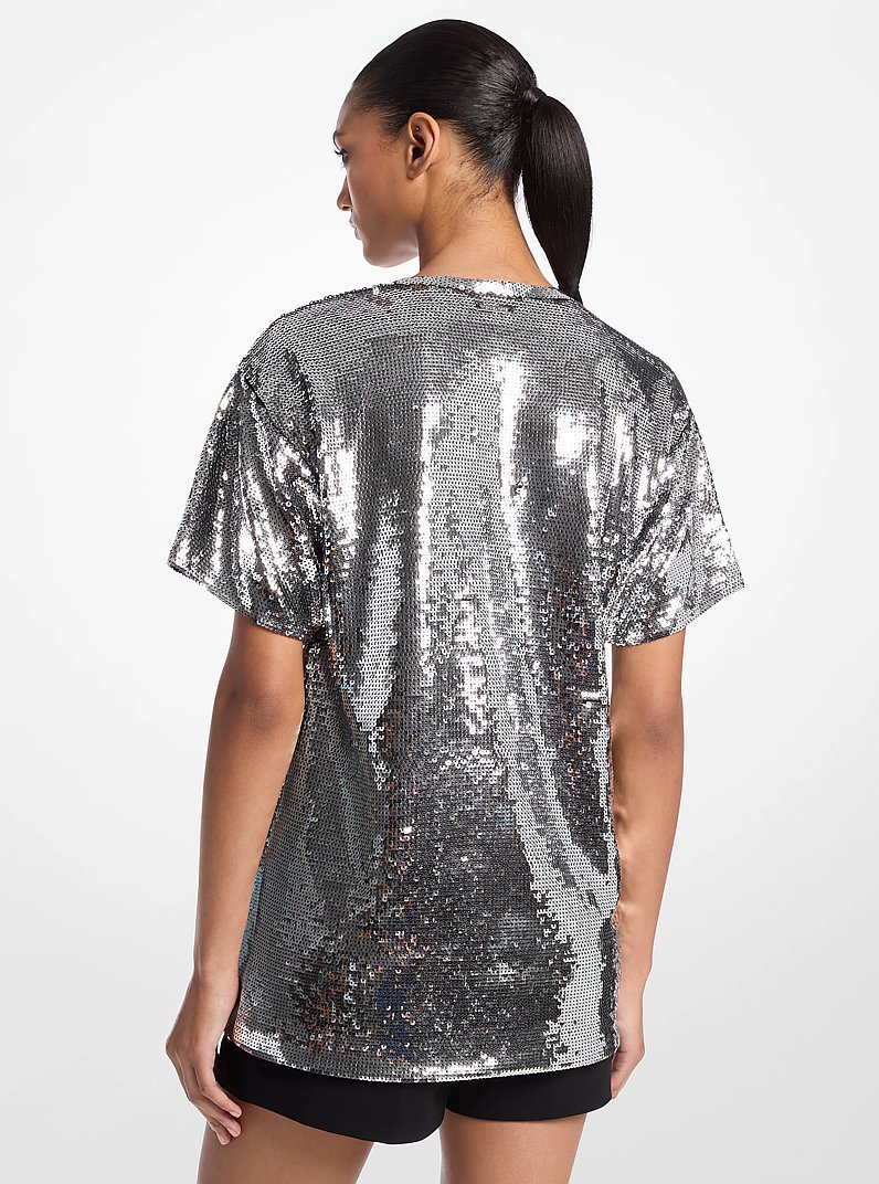 Sequined Jersey Oversized T-Shirt in SILVER | Michael Kors