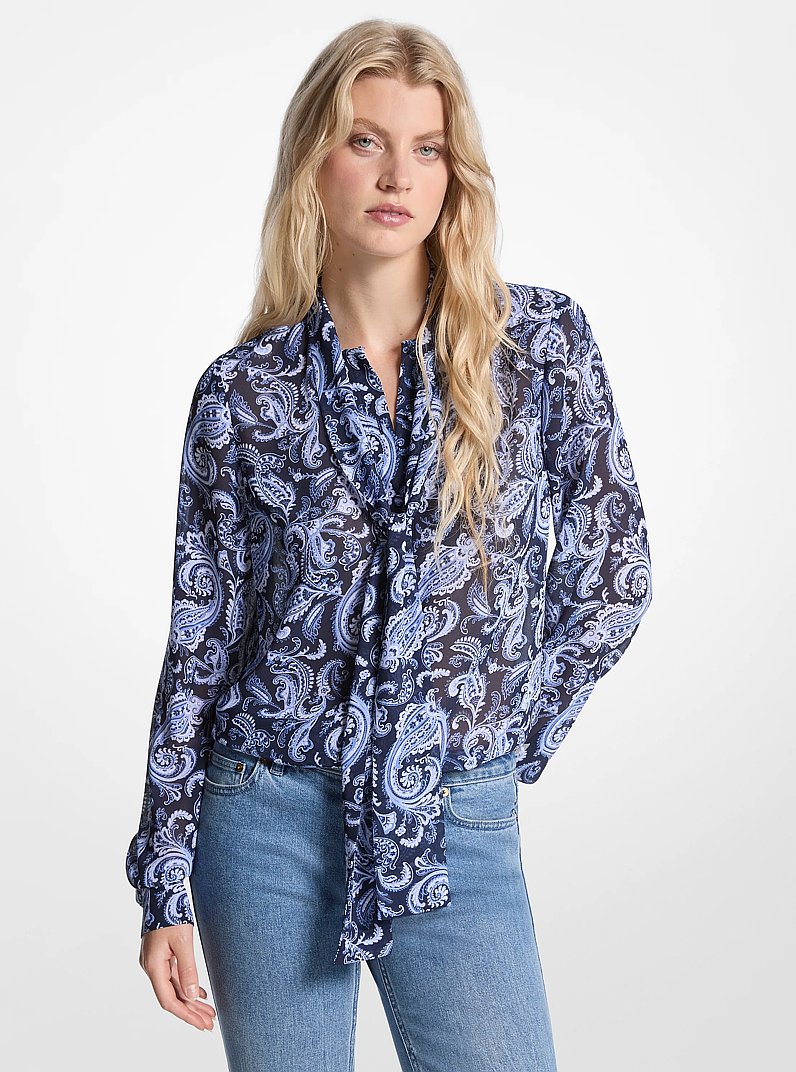 Paisley Print Georgette Tie-Neck Blouse in FRENCH BLUE | Michael Kors