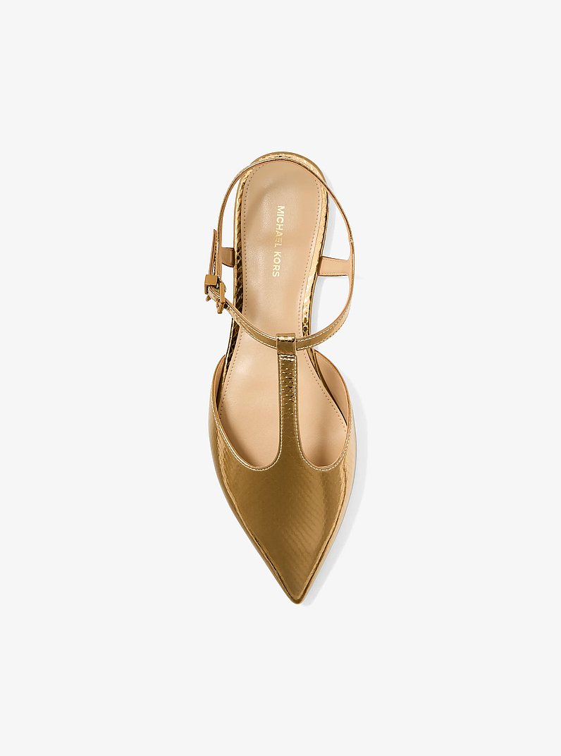 Cherie Snake Embossed Metallic Leather T-Strap Flat in ANTIQUE GOLD | Michael Kors