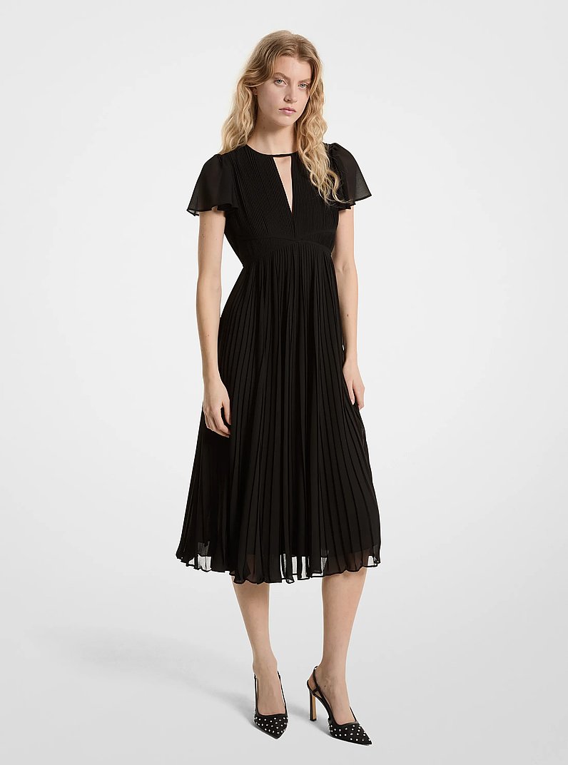 Pleated Georgette Midi Dress in BLACK | Michael Kors