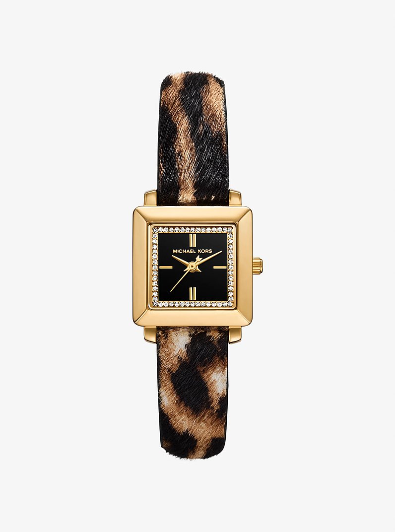 Petite Gwynn Pav&eacute; Gold-Tone and Leopard Print Calf Hair Strap Watch in GOLD | Michael Kors