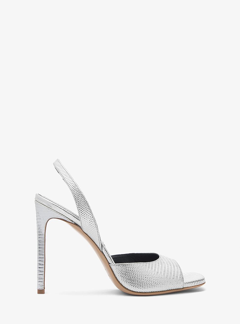 Marisa Metallic Lizard Embossed Leather Sandal in SILVER | Michael Kors