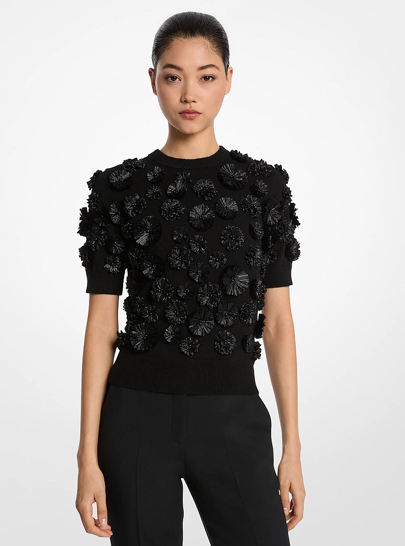 Hand-Embroidered Floral Cashmere Shell Top in BLACK | Michael Kors