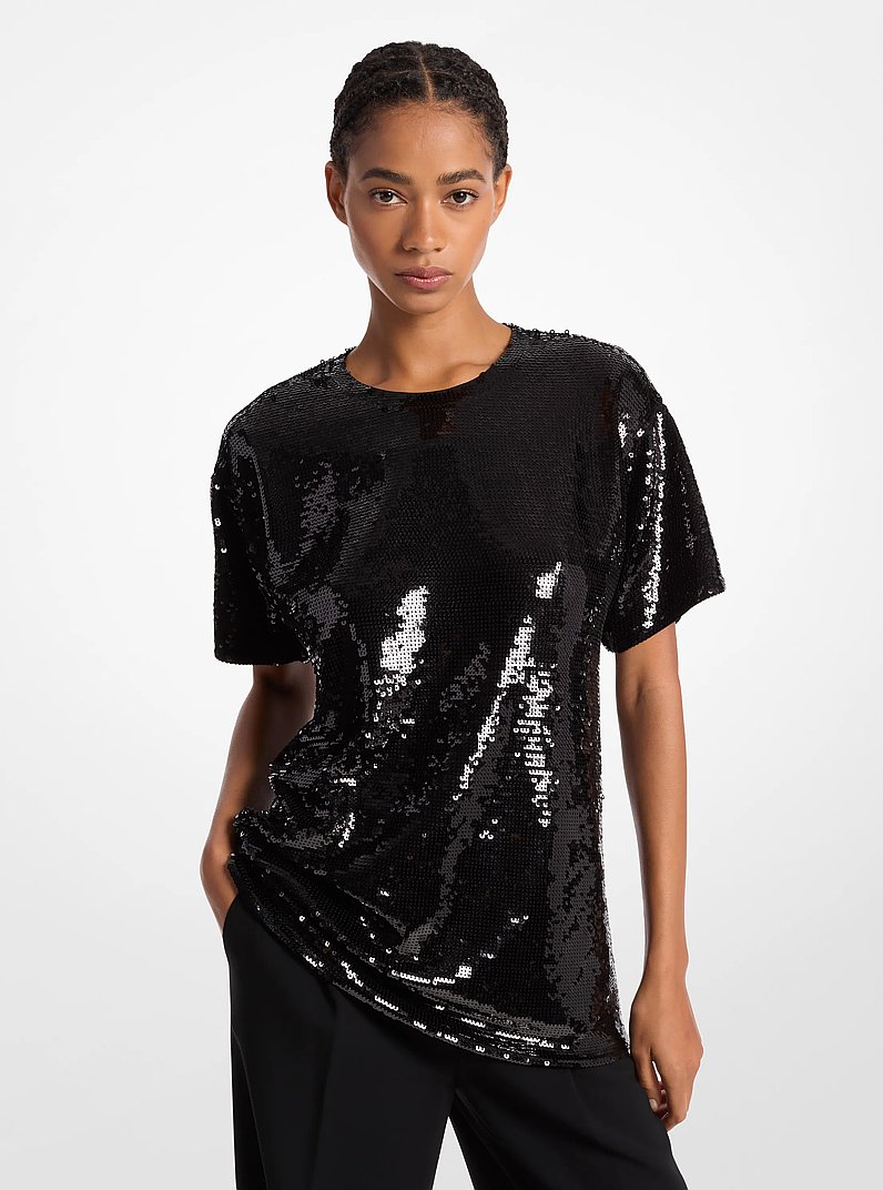 Sequined Jersey Oversized T-Shirt in BLACK | Michael Kors