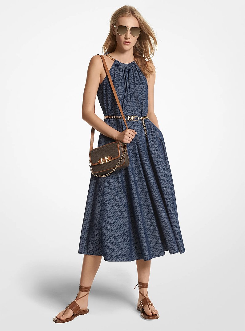 Logo Denim Jacquard Belted Halter Dress in RINSE | Michael Kors