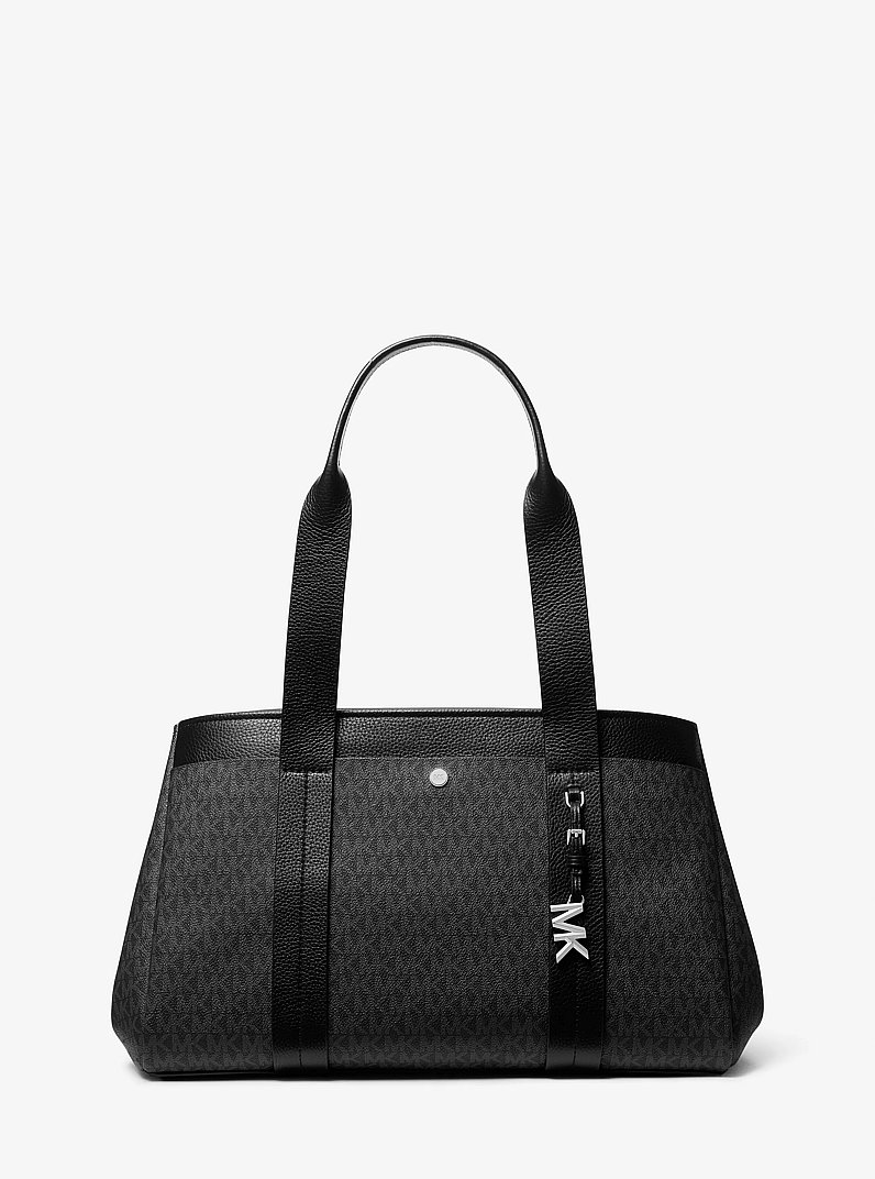 Romee Large Signature Logo and Leather Tote Bag in BLACK | Michael Kors