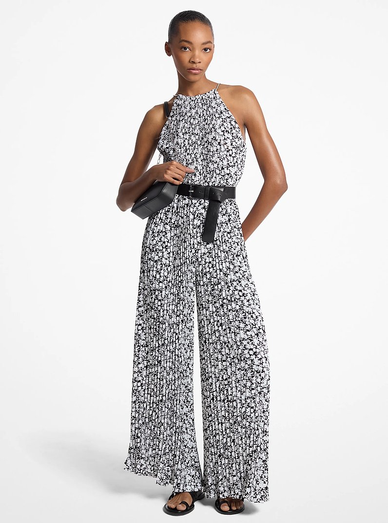 Floral Print Pleated Crepe Halter Jumpsuit in WHITE | Michael Kors