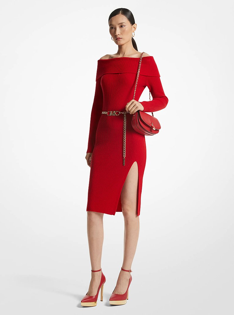 Off-The-Shoulder Ribbed Wool and Cashmere Dress in CRIMSON | Michael Kors