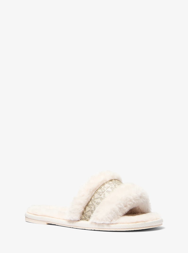 Alexis Faux Fur and Metallic Signature Logo Slide Sandal in NATURAL | Michael Kors