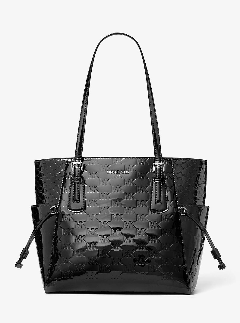 Voyager Large Patent Logo Debossed Tote Bag in BLACK | Michael Kors