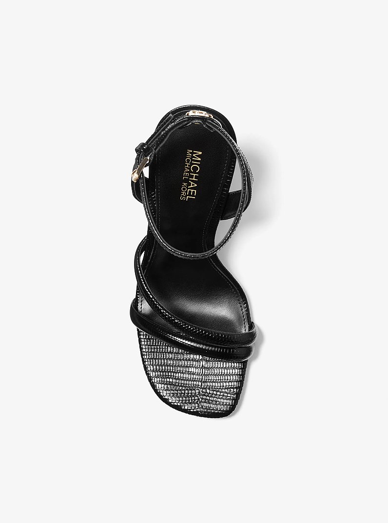 Nadina Lizard Embossed Leather Wedge Sandal in BLACK | Michael Kors