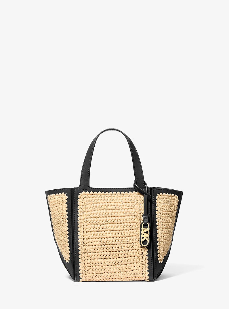 Jordi Small Hand-Crocheted Straw and Leather Tote Bag in NATURAL/BLACK | Michael Kors