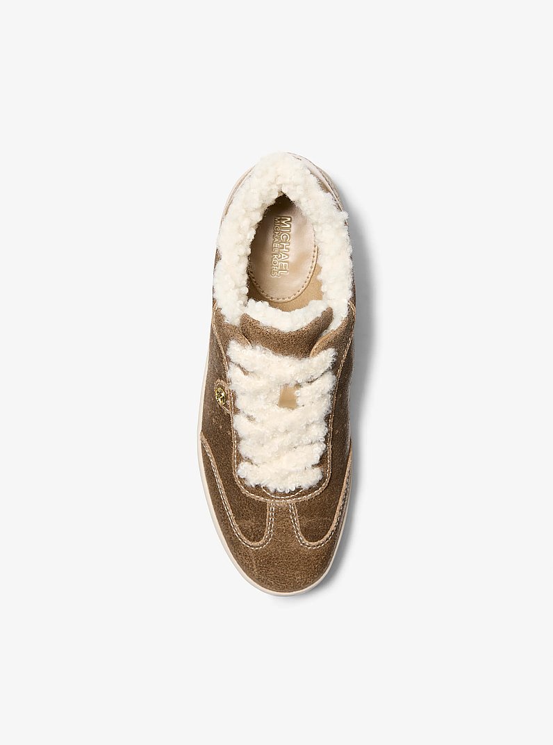 Scotty Distressed Leather and Sherpa Sneaker in HUSK | Michael Kors