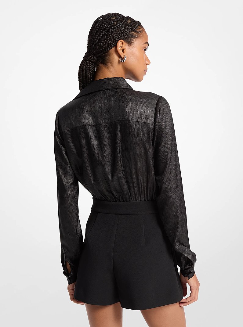 Mixed-Media Crinkled Satin Romper in BLACK | Michael Kors
