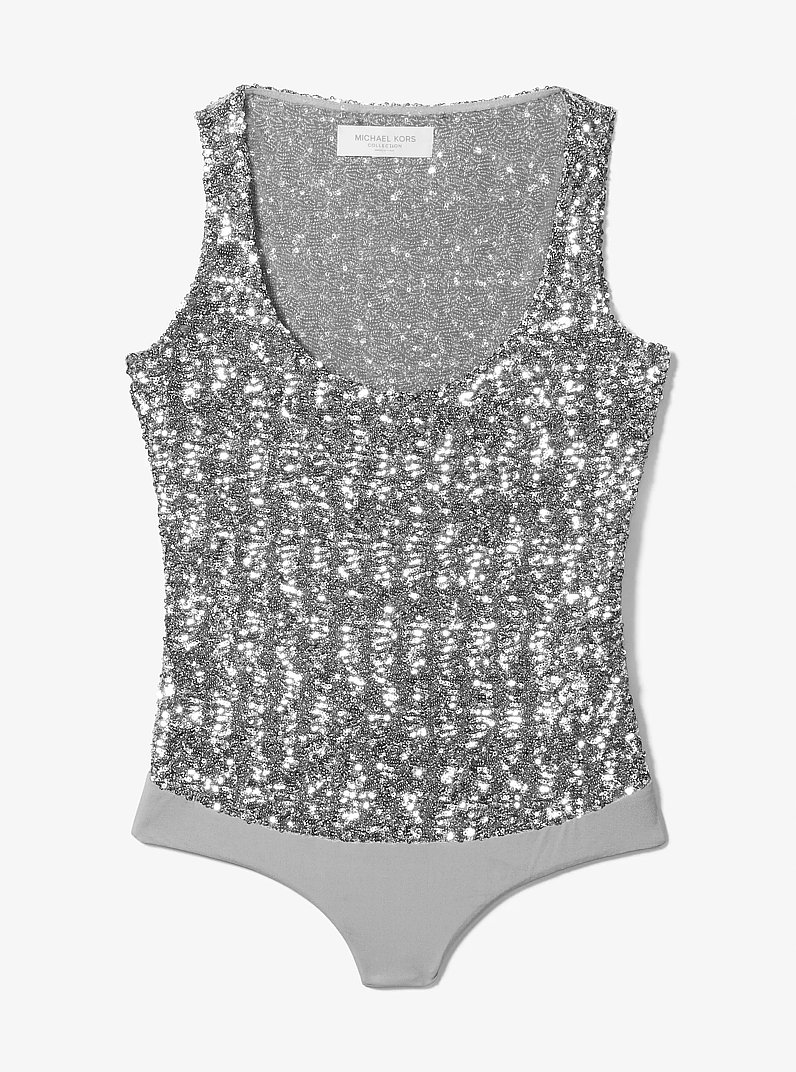 Sequined Stretch Tulle Scoop-Neck Bodysuit in SILVER | Michael Kors