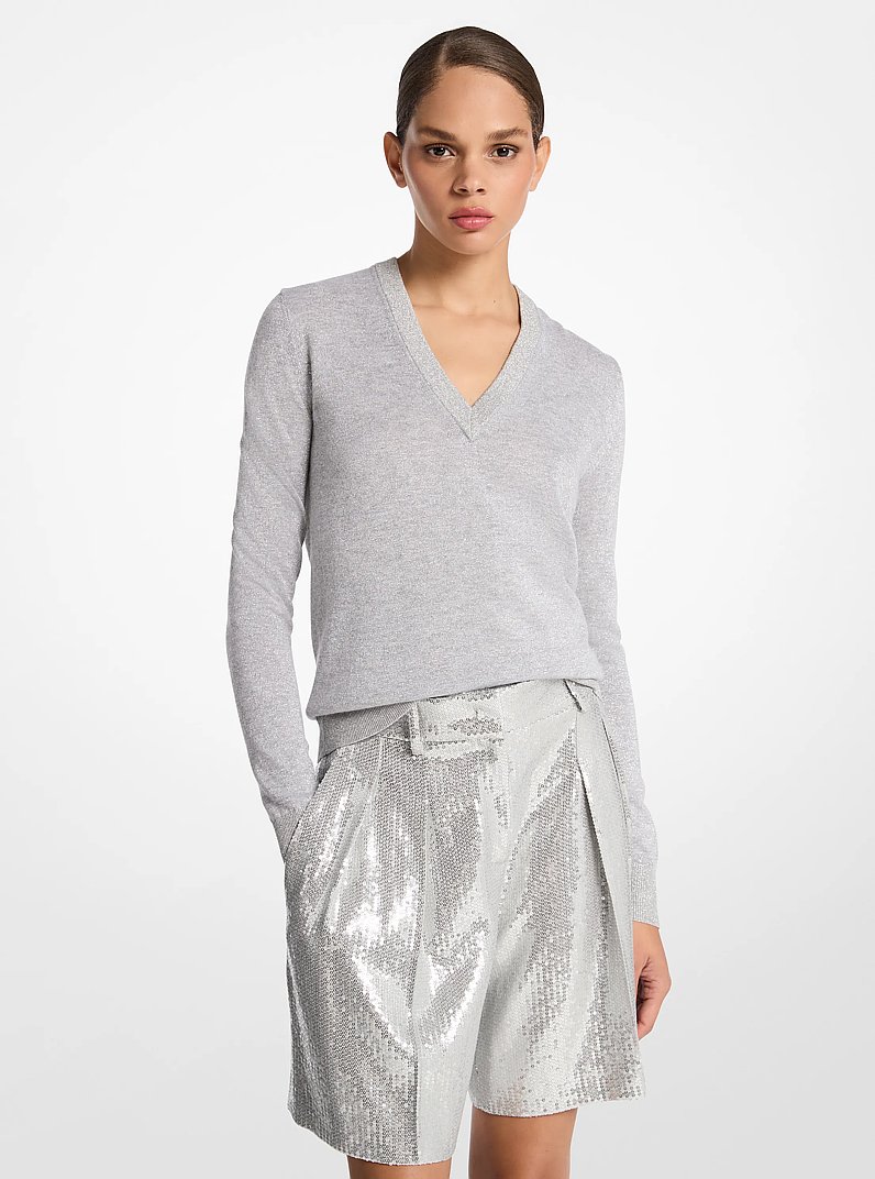 Metallic Viscose Blend V-Neck Sweater in PEARL/SILVER | Michael Kors