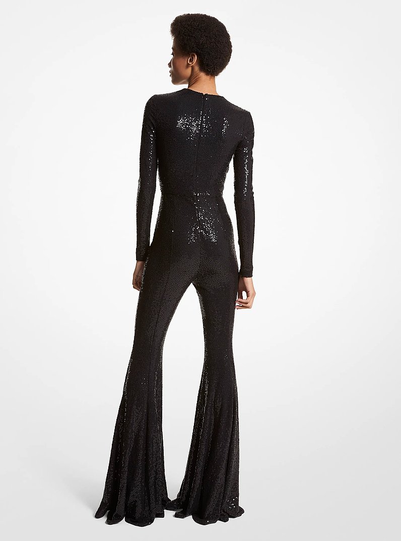 Hand-Embroidered Sequin Stretch Jersey Flared Jumpsuit in BLACK | Michael Kors