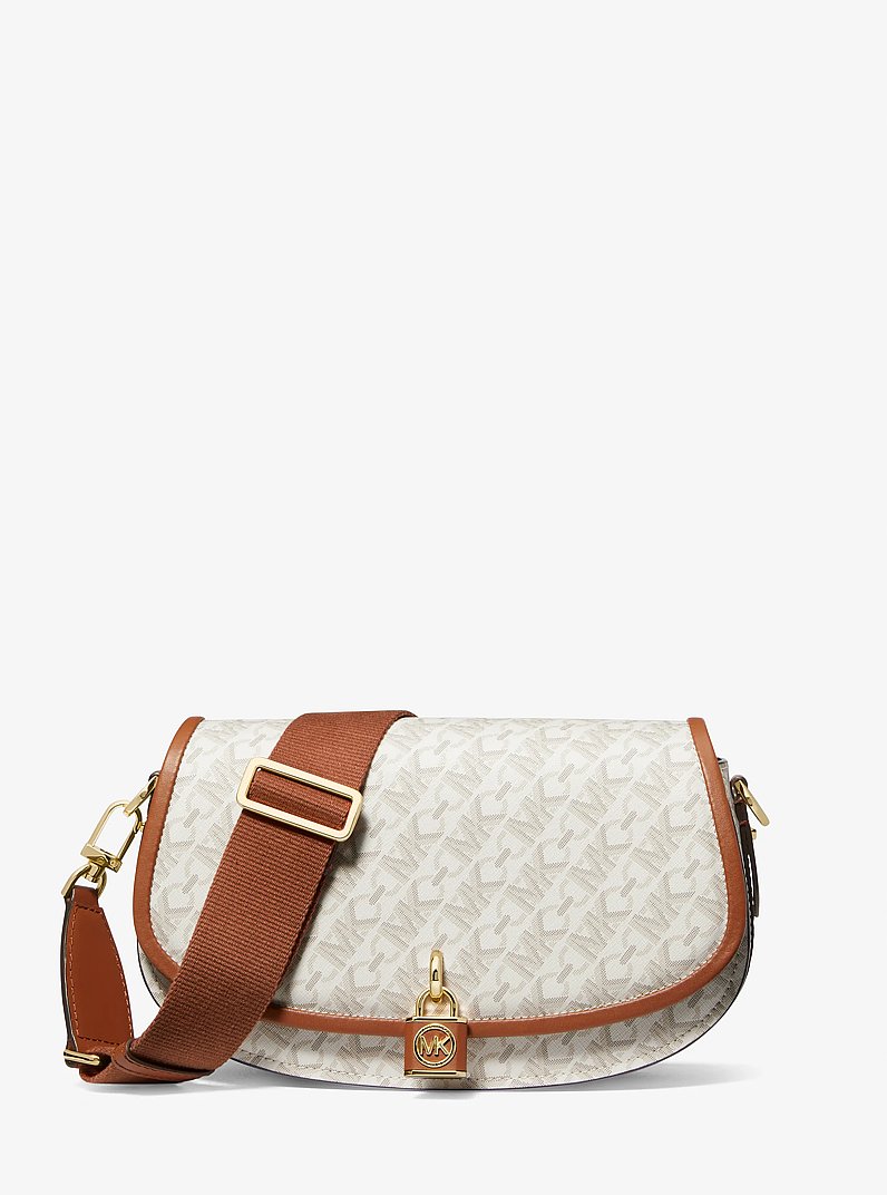 Mila Medium Empire Signature Logo Messenger Bag in VANILLA/LUGGAGE | Michael Kors