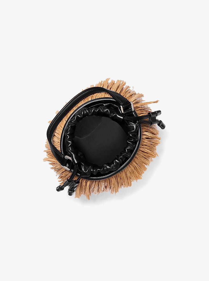 Ischia Mini Leather and Fringe Bucket Bag in NATURAL/BLACK | Michael Kors