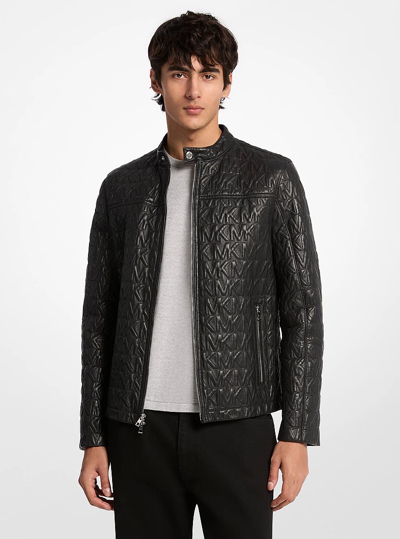 Logo Embossed Leather Racer Jacket in BLACK | Michael Kors