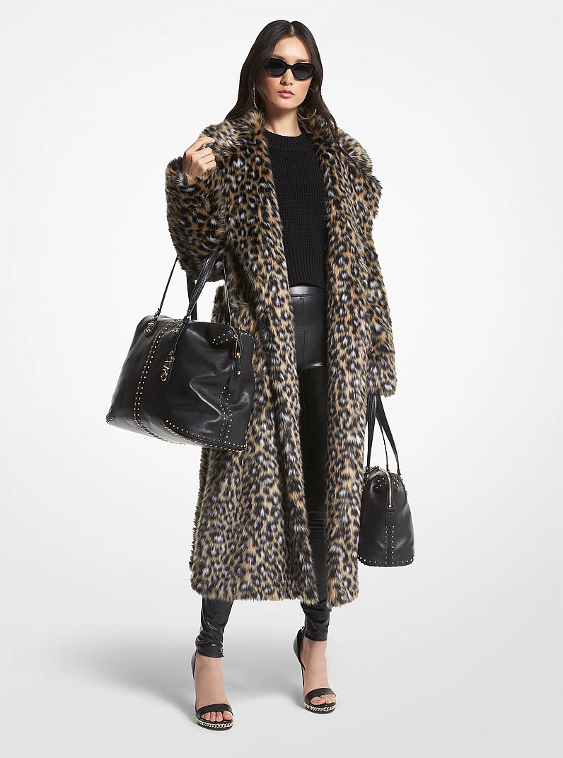 Leopard Print Faux Fur Robe Coat in KHAKI/BLACK | Michael Kors