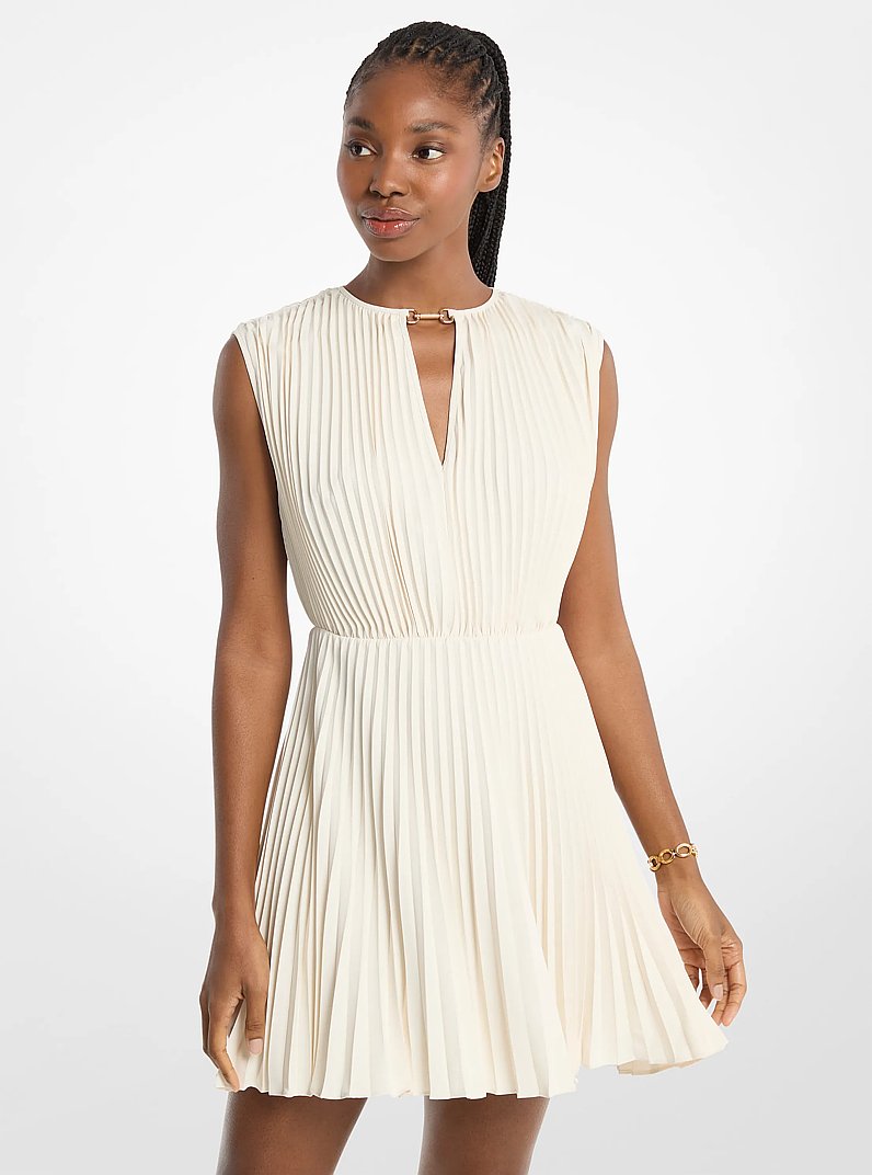 Pleated Satin Back Crepe Mini Dress in BONE | Michael Kors
