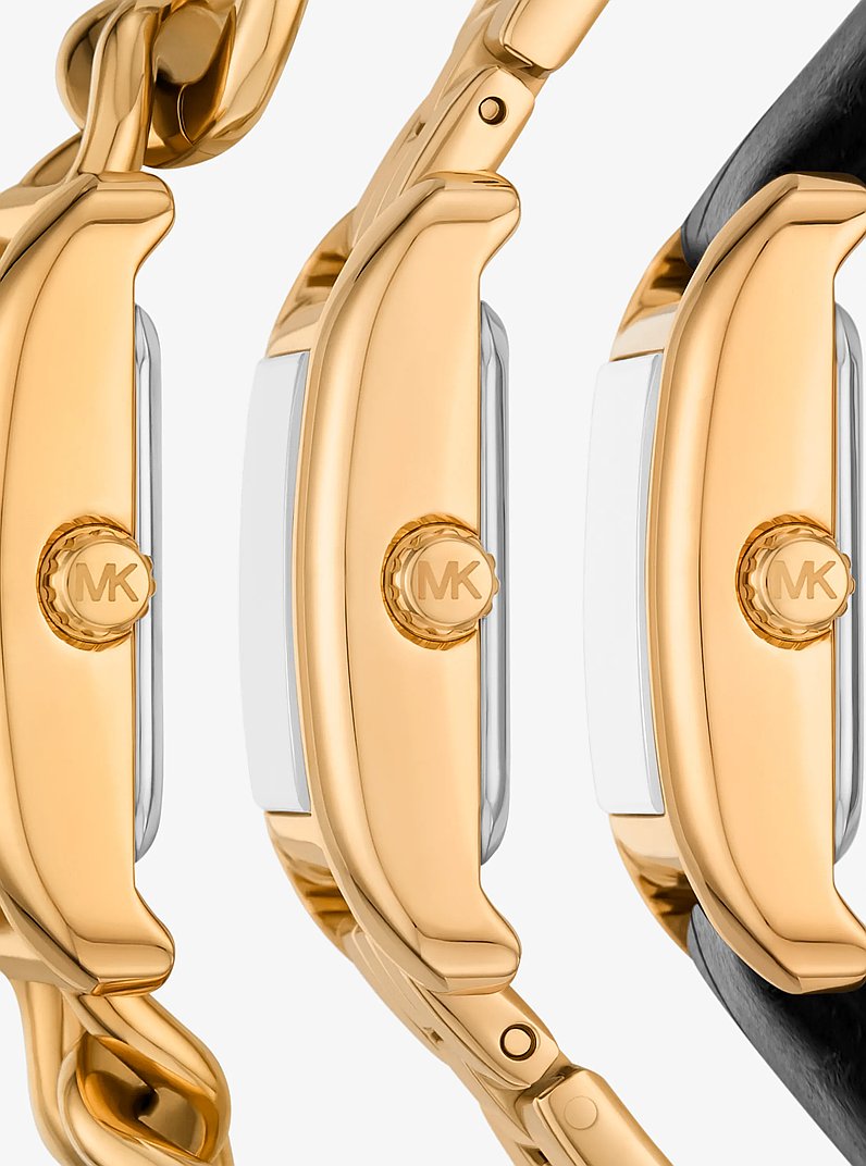 Petite Monroe Gold-Tone and Crocodile-Embossed Leather Watch Strap Set in BLACK | Michael Kors