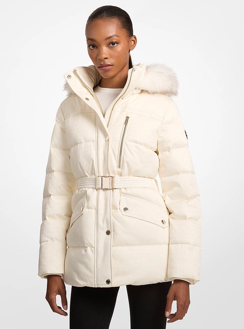 Faux Fur Trim Belted Puffer Jacket in BONE LOGO | Michael Kors
