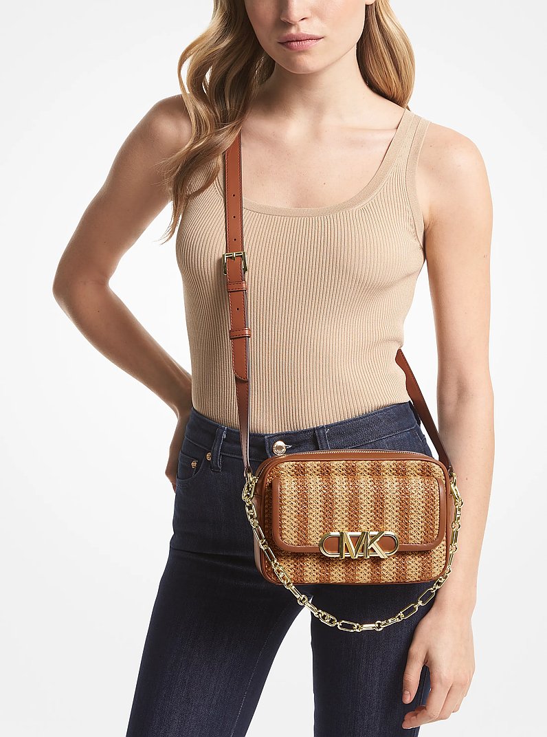 Parker Medium Striped Straw and Leather Crossbody Bag