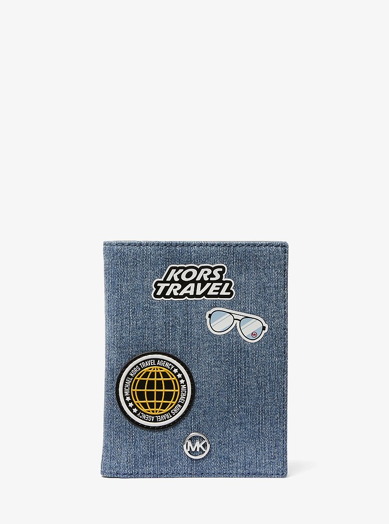 Jet Set Travel Medium Embellished Denim Passport Case in DENIM | Michael Kors