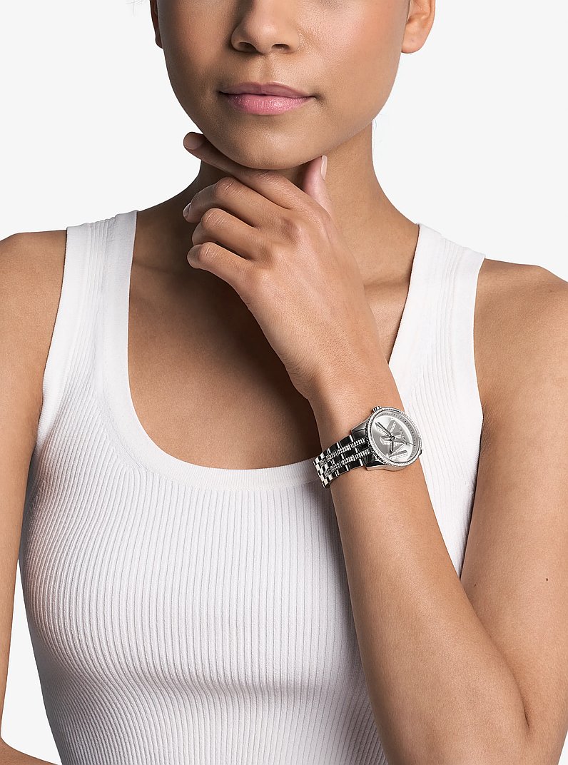 Mini Bryant Pav&eacute; Logo Silver-Tone Watch in SILVER | Michael Kors