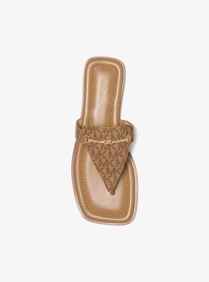 Lena Signature Logo and Leather T-Strap Sandal in HUSK | Michael Kors