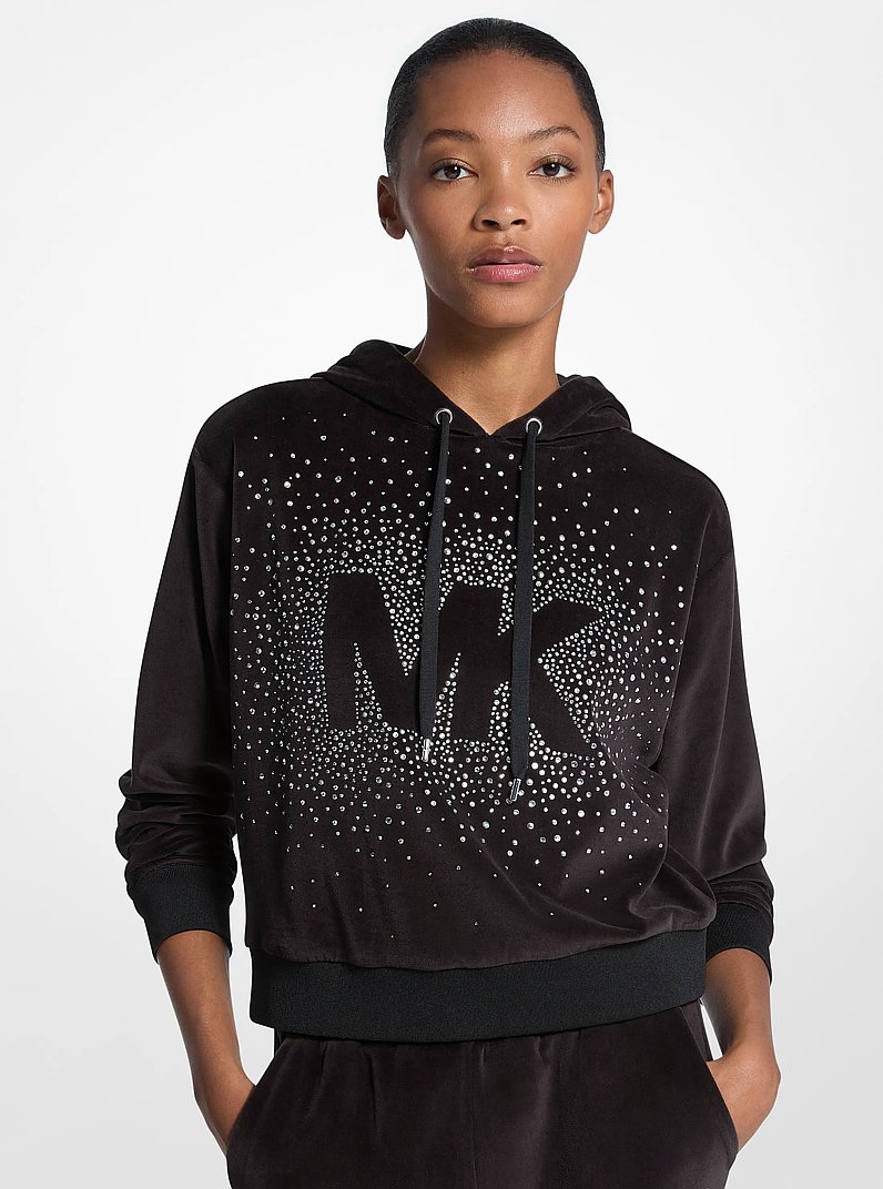 【00's】MICHEAL KORS Rhinestone Hoodie Embellished Logo Velour Hoodie in BLACK - Sale | Michael Kors [US]