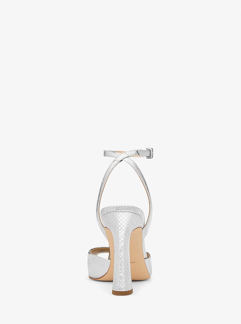 Rosie Metallic Snake Embossed Leather Sandal in SILVER | Michael Kors