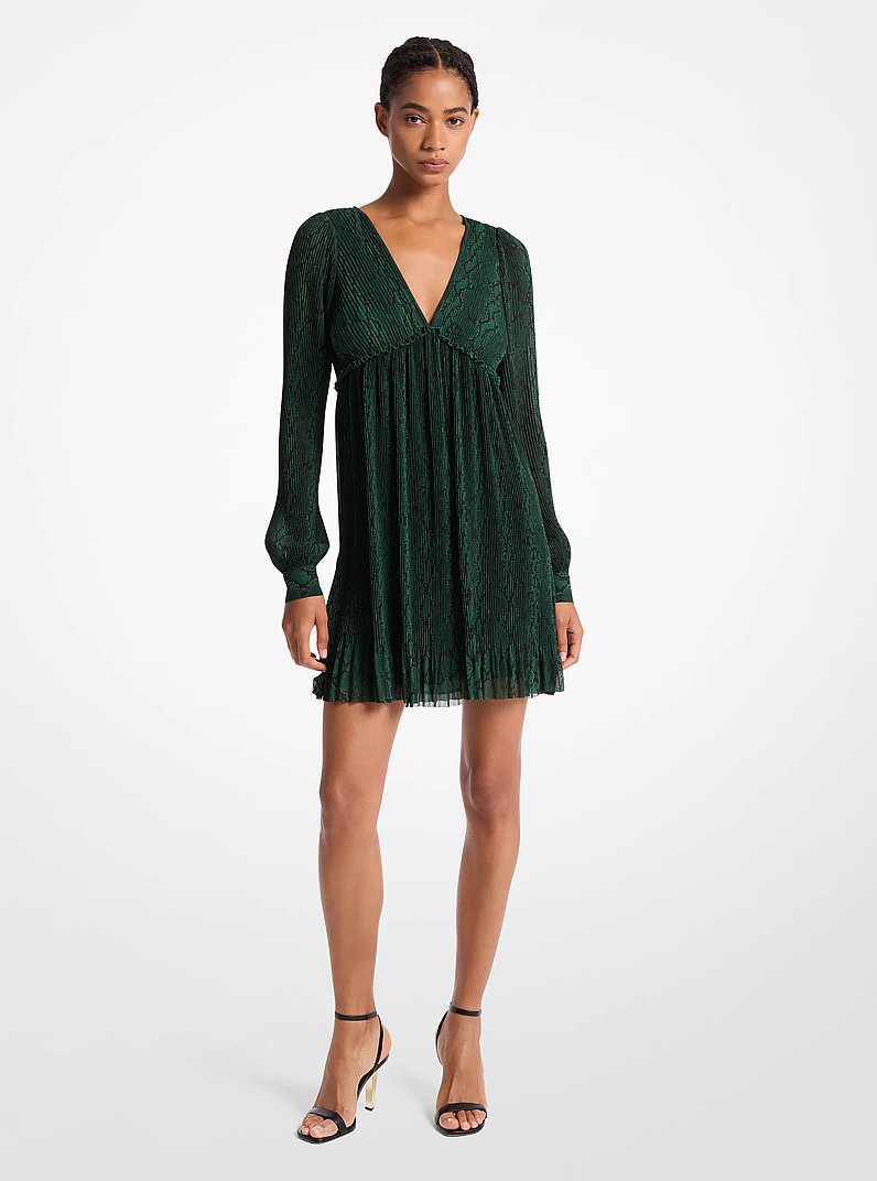 Pliss&eacute; Snake Print Georgette Dress in MOSS | Michael Kors