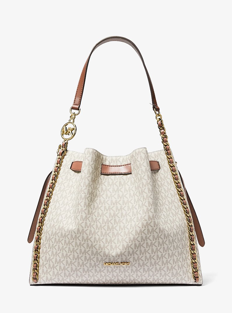 Mina Large Signature Logo Chain Shoulder Bag in BROWN - Sale