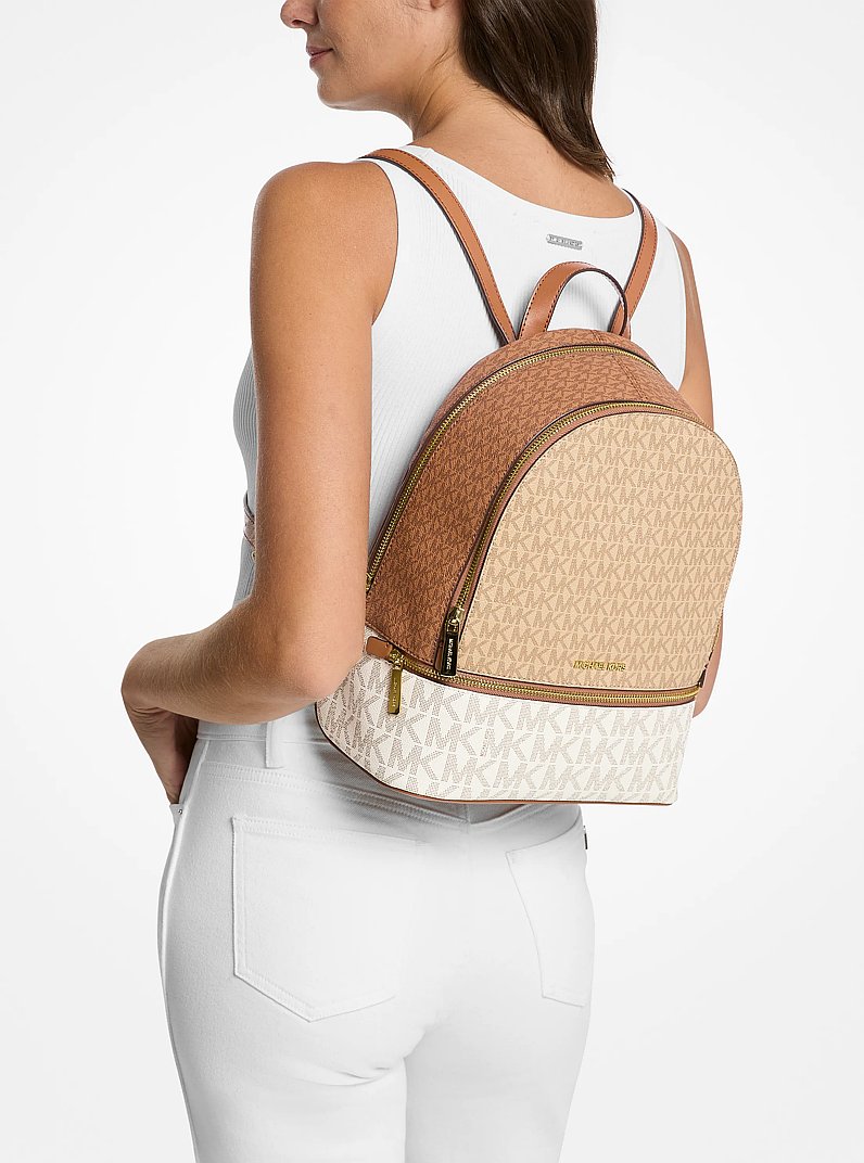 Rhea Medium Color-Block Signature Logo Backpack in CAMEL MLT | Michael Kors