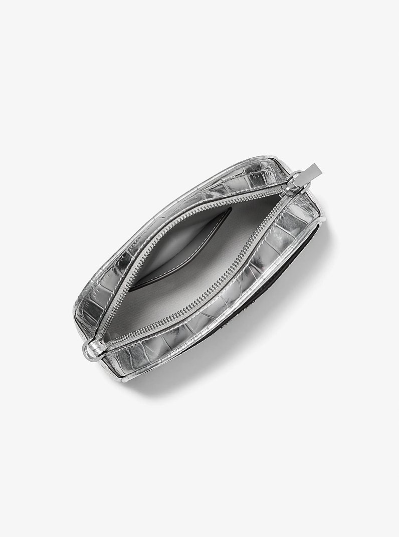 Jet Set Small Metallic Crocodile Embossed Leather Camera Crossbody Bag in SILVER | Michael Kors