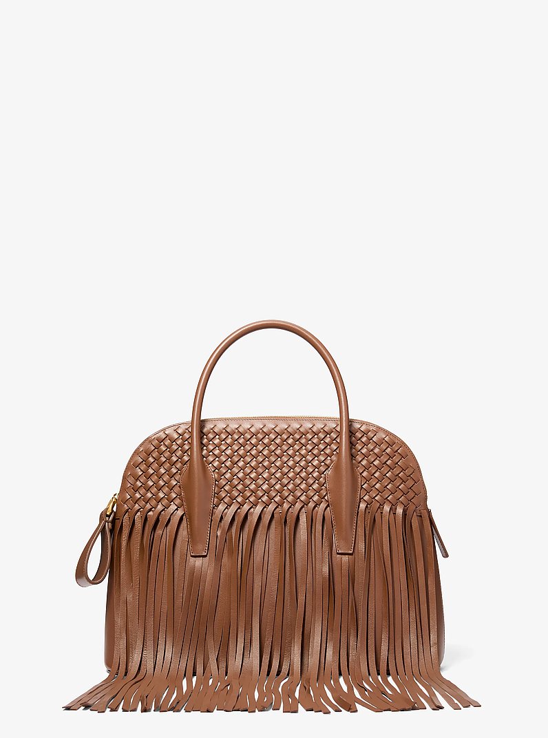 Kaitlin Large Fringed Woven Leather Dome Satchel in RAMA | Michael Kors