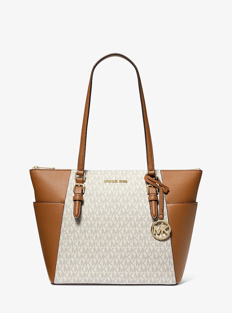 Charlotte Large Logo and Leather Top-Zip Tote Bag in VANILLA | Michael Kors