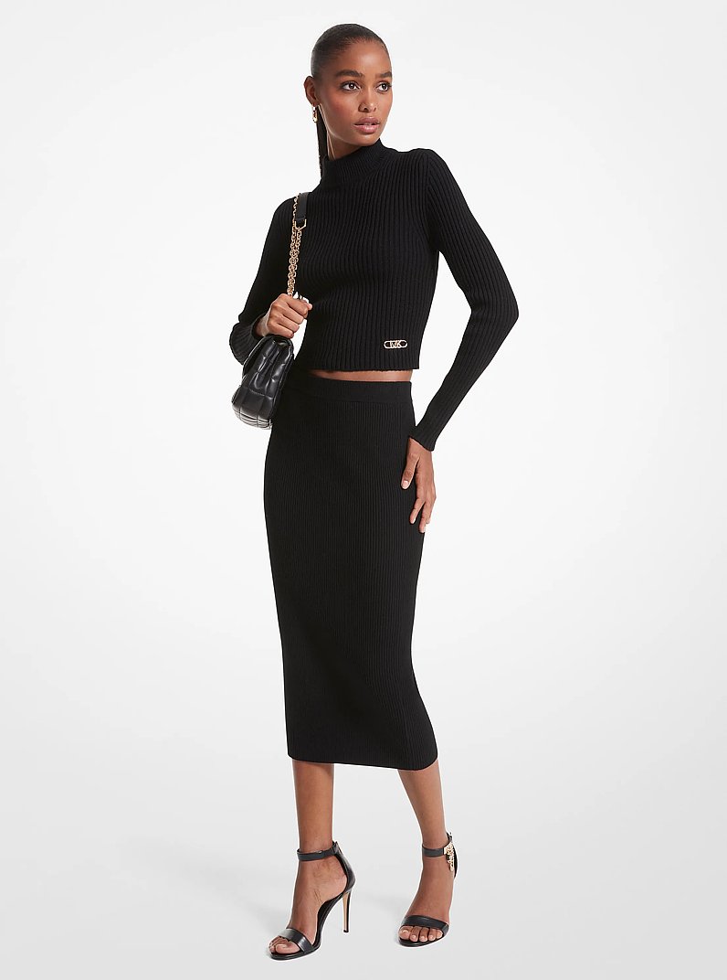 Ribbed Merino Wool Blend Pencil Skirt in BLACK | Michael Kors